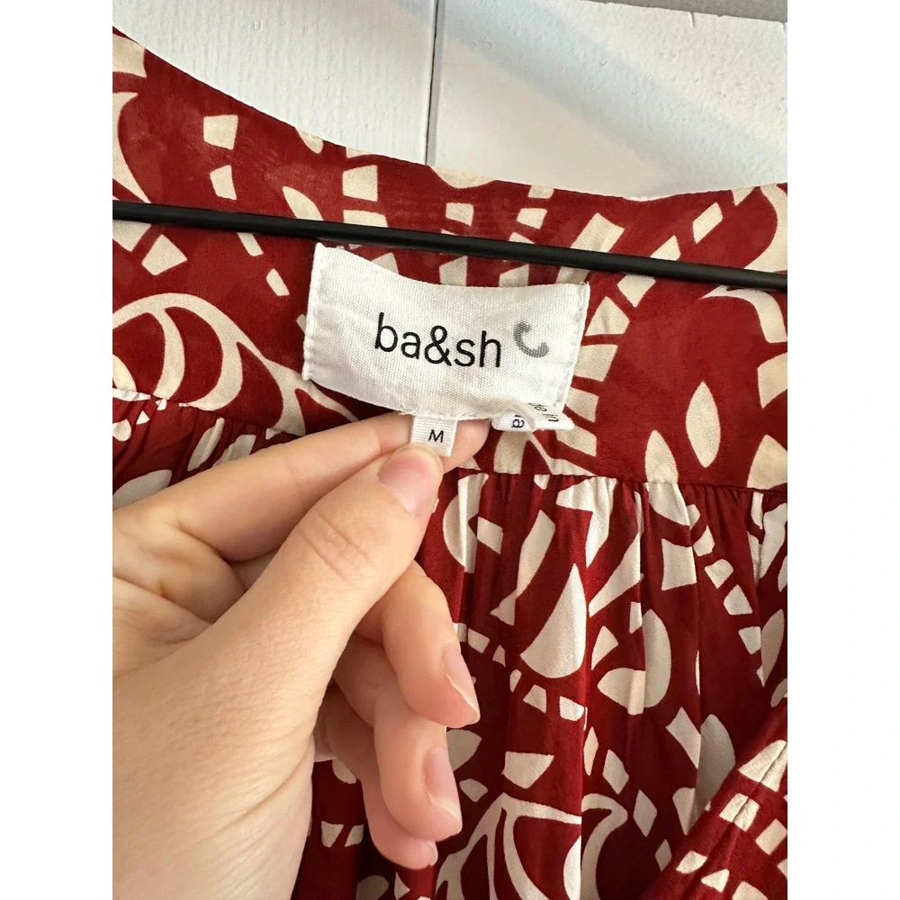 ba&sh Lady Dress Red Cream Abstract Print V-Neck Mini Dress Womens Size M‎